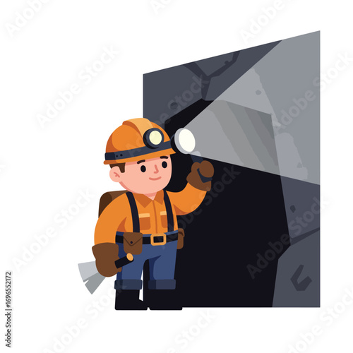 A cartoon miner with a headlamp and pickaxe explores a dark cave