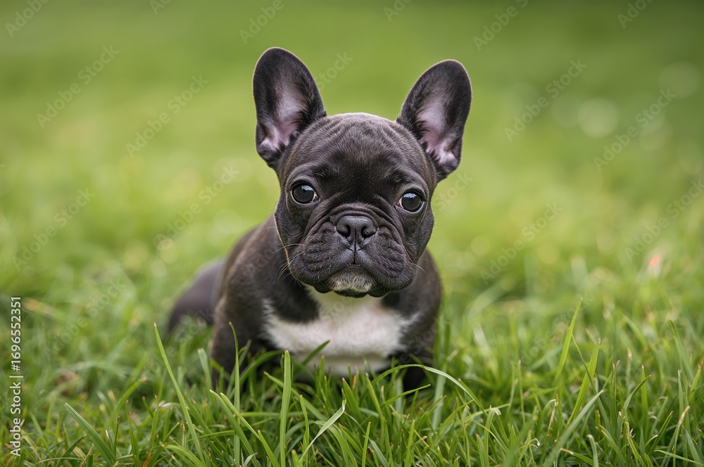 Fototapeta premium Adorable small bulldog sitting on lush green lawn, close-up of face with expressive eyes