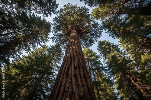 Gazing upwards at a towering giant tree