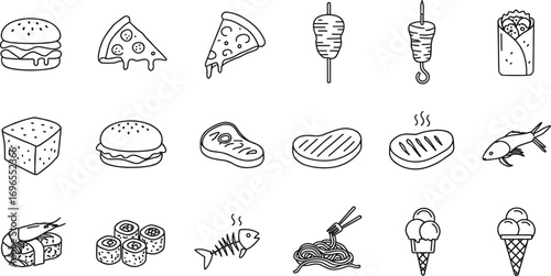 International food icons, fast food vector set, black and white line art, global cuisine illustration, restaurant menu design, editable sketch collection