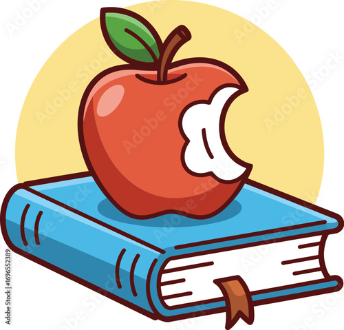 Juicy red apple with a bite mark rests atop an open book, symbolizing knowledge and learning.