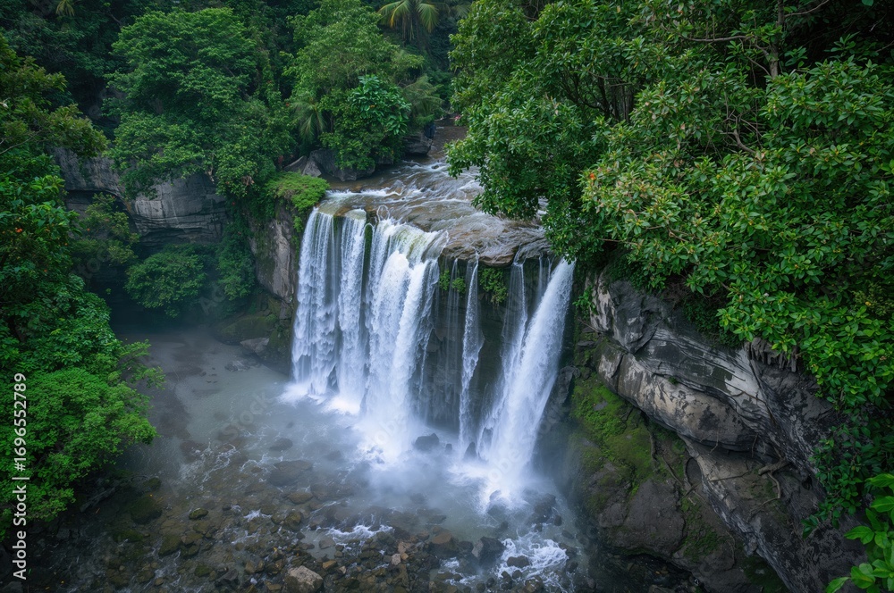 Obraz premium Aerial perspective of a tropical waterfall surrounded by lush greenery and ocean views