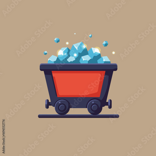 A mine cart filled with blue gems and coal on a track