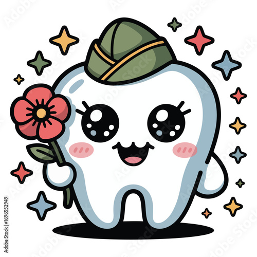 A super cute Molar in a Veterans Day theme, wearing a little soldier's hat and holding a pastel poppy flower, surrounded by bright stars.