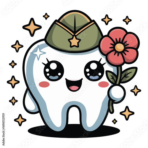A super cute Molar in a Veterans Day theme, wearing a little soldier's hat and holding a pastel poppy flower, surrounded by bright stars.