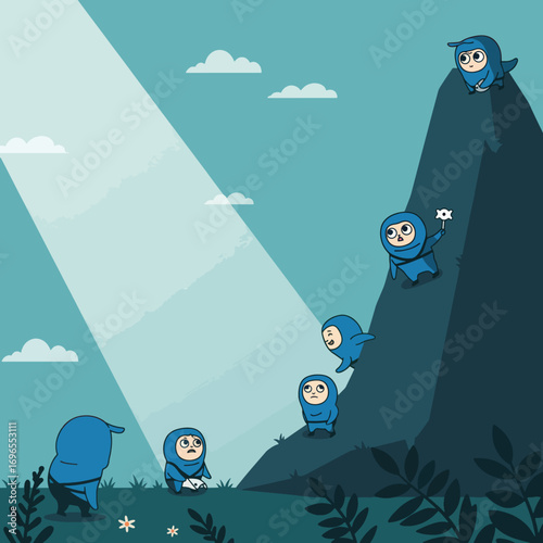 Seven blue ninjas ascend a dark mountain under a light beam with clouds in the sky