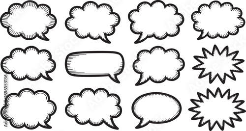 A collection of vintage hand-drawn speech and thought bubbles in various shapes offers creative comic and chat elements for expressive storytelling and communication designs
