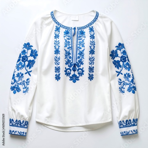 Embroidered blouse, white with blue floral design