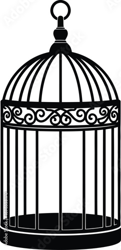 Ornate black birdcage with decorative scrollwork, symbolizing confinement or freedom.