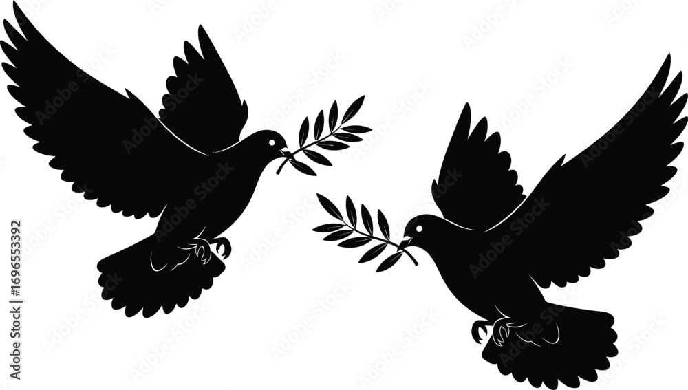 Obraz premium Two doves in silhouette carrying olive branches, symbolizing peace and hope in flight.