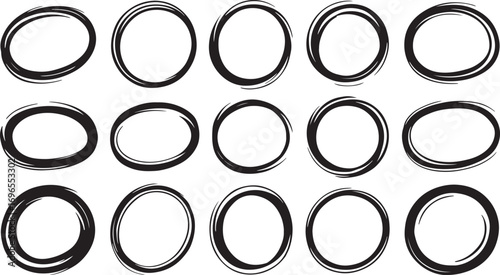 A versatile collection of hand-drawn oval and circular frames, featuring unique scribble lines and organic textures, offers expressive design elements for notes, highlights, and annotations