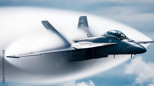 A fighter jet breaking the sound barrier, vapor cone effect.  Generative AI.