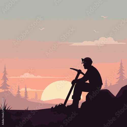 Silhouette of a miner with a pickaxe at sunset