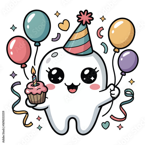 A super cute molar in a birthday theme, in sparkly kawaii style, wearing a party hat and holding a cupcake with a candle, surrounded by pastel balloons and streamers.