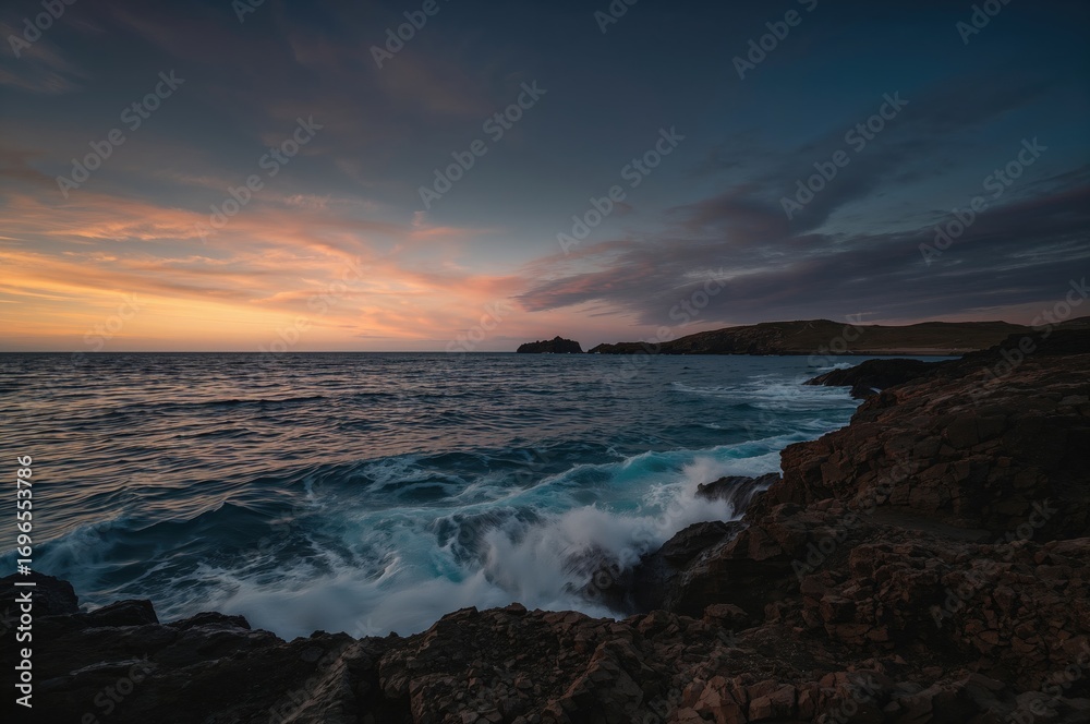 Obraz premium Gloomy coastal scene featuring rugged shoreline and vibrant sunset hues
