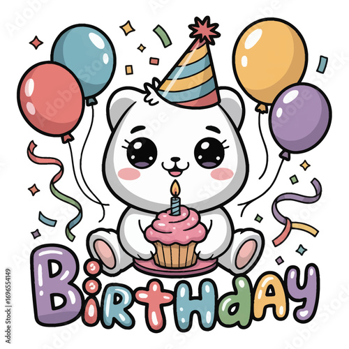 A super cute molar in a birthday theme, in sparkly kawaii style, wearing a party hat and holding a cupcake with a candle, surrounded by pastel balloons and streamers.