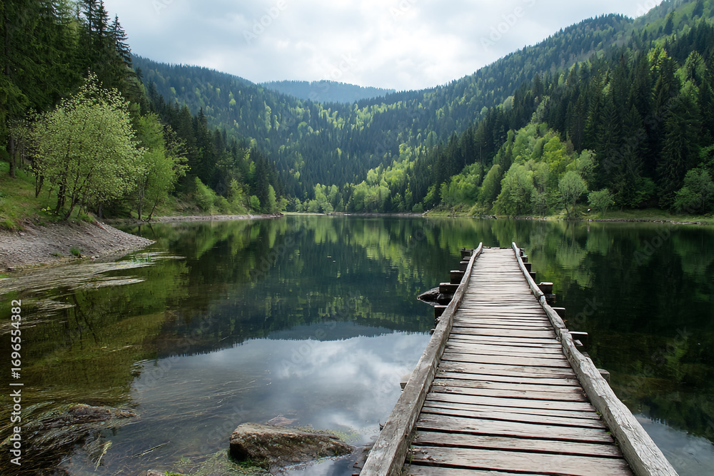 Fototapeta premium Scenic Carpathian Mountain Lake Surrounded by Green Forest with Clear Water Reflecting Sky and Clouds.