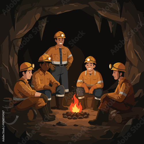 Miners gathered around a campfire in a cave