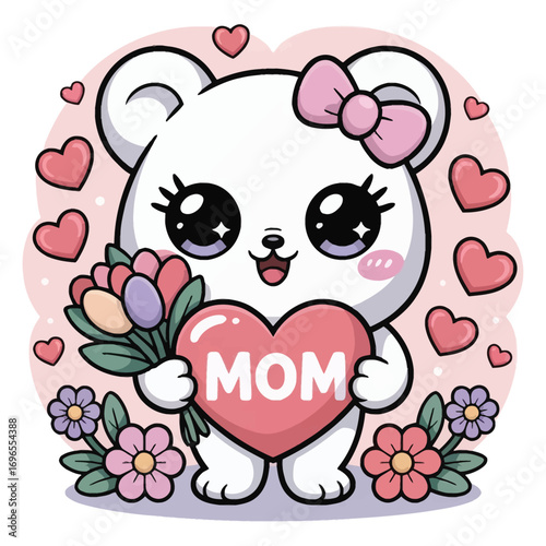 A super cute Mother's Day themed molar, in sparkling kawaii style, featuring a pastel bouquet and a heart-shaped "Mom" sign, surrounded by soft flowers and floating hearts.