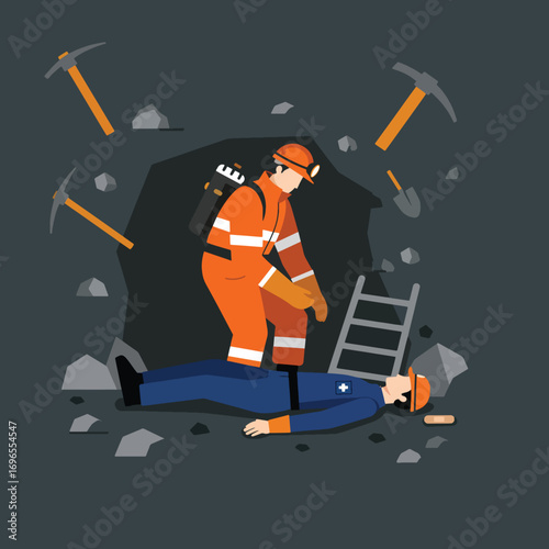 Miner in orange suit helps injured miner in blue uniform in dark mine