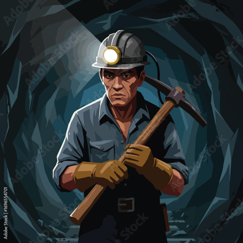Miner in a hard hat with a headlamp and pickaxe in a cave
