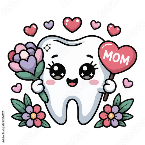 A super cute molar tooth in a Mother's Day theme, in sparkling kawaii style, holds a pastel bouquet and a heart-shaped "Mom" symbol, surrounded by soft flowers and floating hearts.