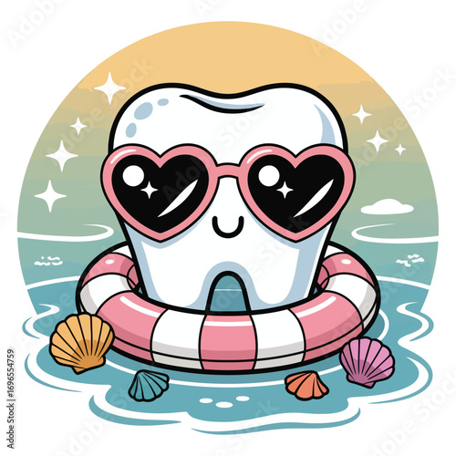 A super cute molar tooth in a summer beach theme, in sparkling kawaii style, wearing heart-shaped sunglasses and floating on a pool ring, surrounded by seashells and small waves.