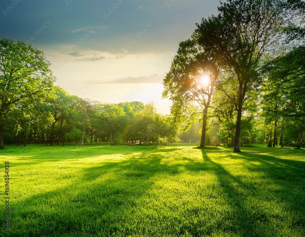 Fototapeta premium lush green park with trees and grass illuminated by the sun creating a peaceful scene