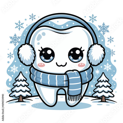 A super cute molar tooth in a winter wonderland theme, in sparkling kawaii style, wearing a cozy scarf and earmuffs, surrounded by pastel snowflakes and snow-covered trees.