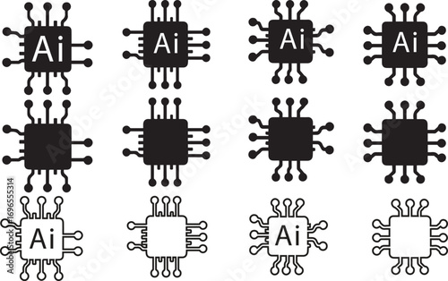 Circuit board of computer or Ai chip icon vector silhouette set 
