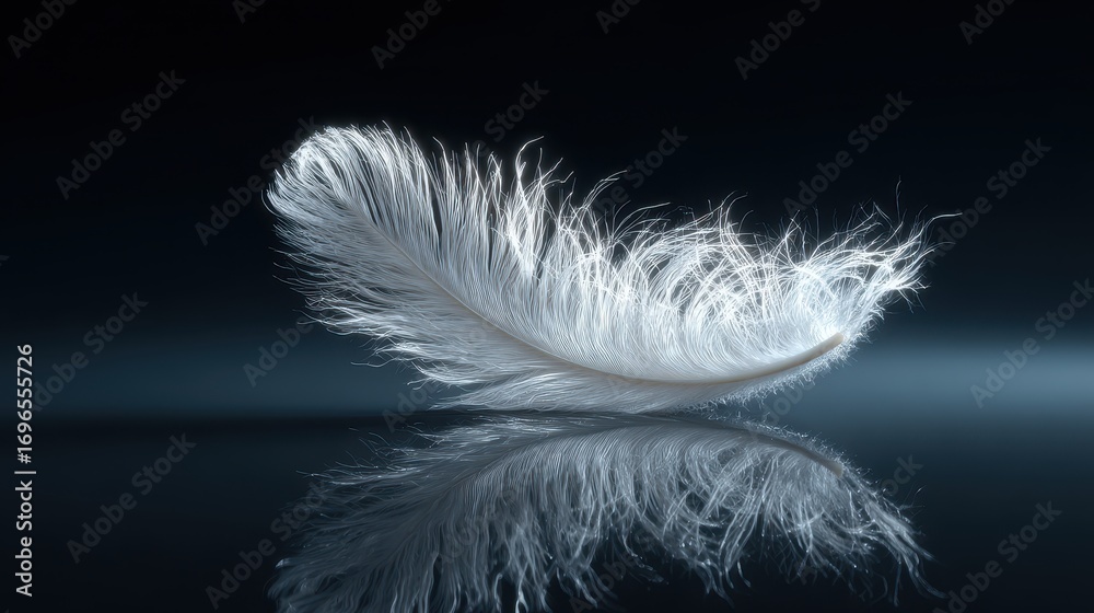 Obraz premium Delicate White Feather Reflecting on Dark Surface