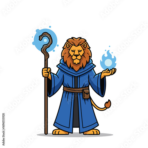 Lion wizard holds a staff and fire He wears a blue robe and belt