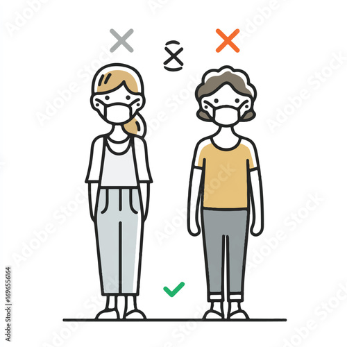Proper and Improper Ways to Wear Masks with Woman Characters Illustrating Mask Guidance