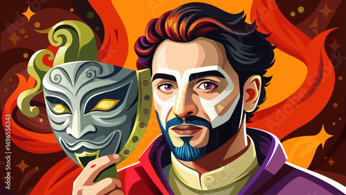 Close-up portrait of male actor holding theater mask. Isolated background reflects drama, talent, and performance.