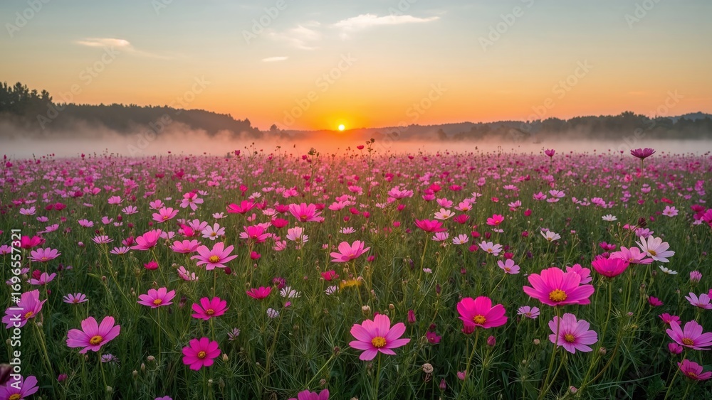 Naklejka premium Dawn over a meadow of vibrant Cosmos blossoms with a glowing sunset sky