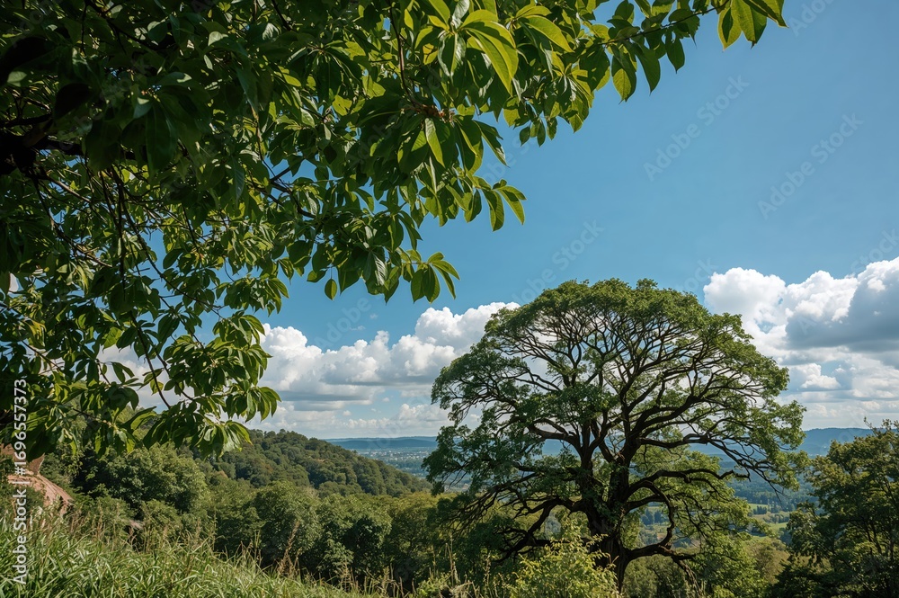 Fototapeta premium Early day landscape featuring lush foliage and clear azure sky