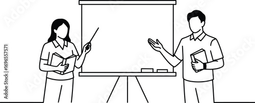 Two people presenting information at a whiteboard with books