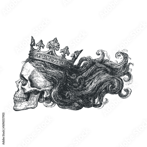 Crowned skull illustration with flowing hair and regal elements. Vector hand drawn illustration