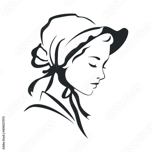 Profile of a young girl wearing a bonnet in vintage style design. Vector line illustration