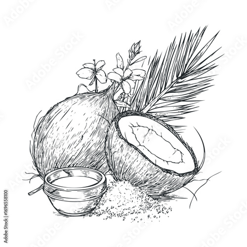 Coconut still life with flowers and bowl on a natural setting. Vector hand drawn illustration