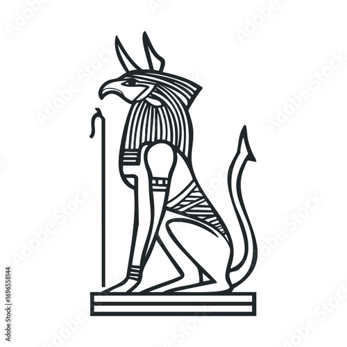 Ancient Egyptian deity with a lion and human figure design. Vector line illustration