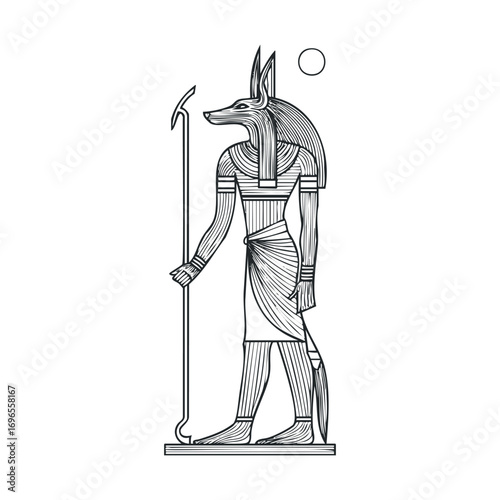 Anubis, the ancient Egyptian god, with a ritual scepter. Vector hand drawn illustration