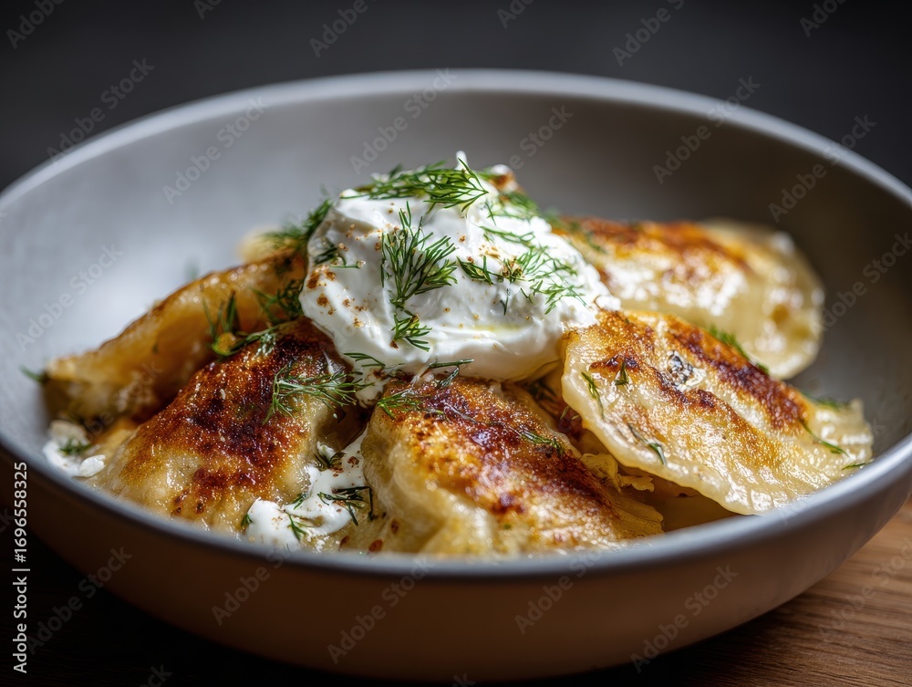 Naklejka premium Delicious Pierogi Dumplings with Sour Cream and Dill, Close-Up.