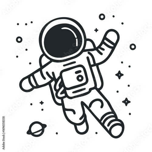 Astronaut exploring space with stars and planets in background. Vector line illustration