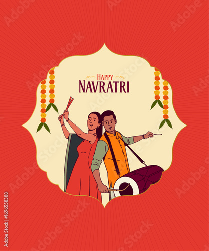 Dandiya Night Poster design template with an Indian couple celebrating the Navratri festival, Garba dance vector illustration