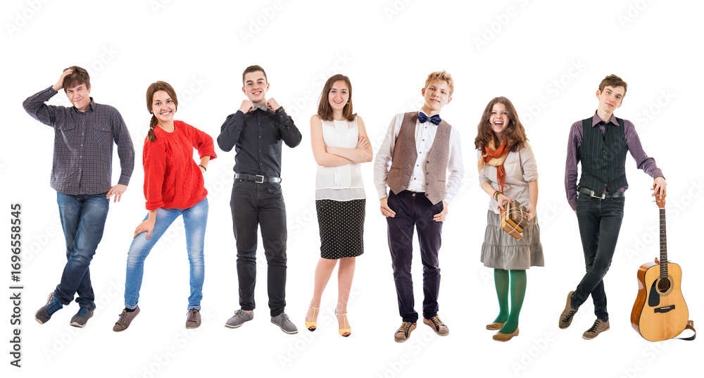 Obraz premium Smiling young diverse people isolated on PNG transparent background posing together for studio photo shoot, cheerful group of friends teenagers students standing casual modern lifestyle portraits