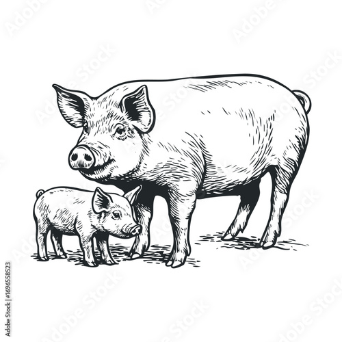 Cute pigs in a pasture showing mother and baby bond. Vector hand drawn illustration