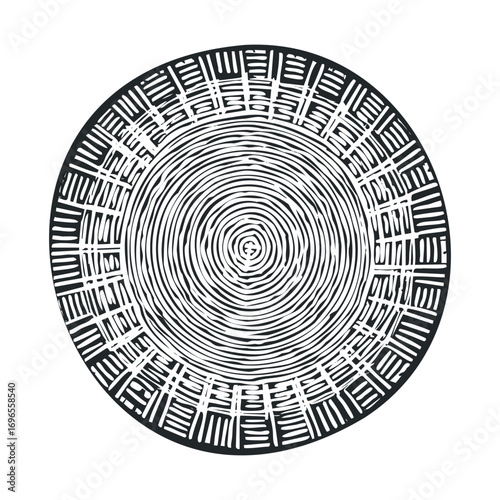 Circular woven basket with intricate black and white design. Vector hand drawn illustration