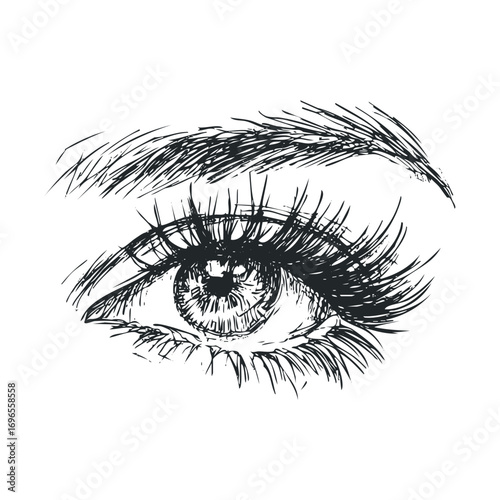 Sketch of a beautiful eye with long lashes and defined brow. Vector hand drawn illustration