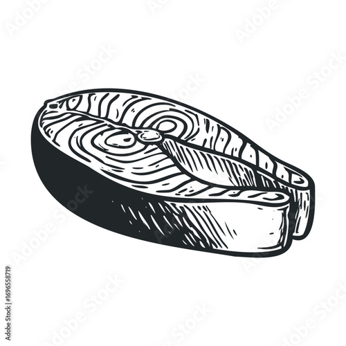 Artistic depiction of a salmon steak for culinary design. Vector hand drawn illustration